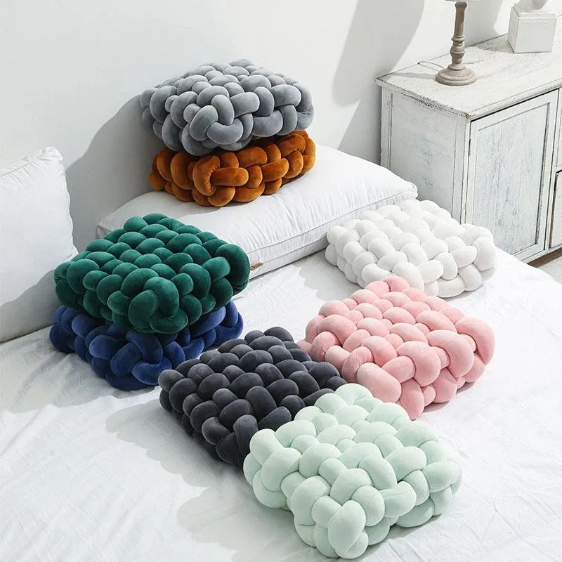 Travesseiro estilo nórdico casa de estar macia mole knot sofá de cor sólida quadrado laço de sede de tecido manual
