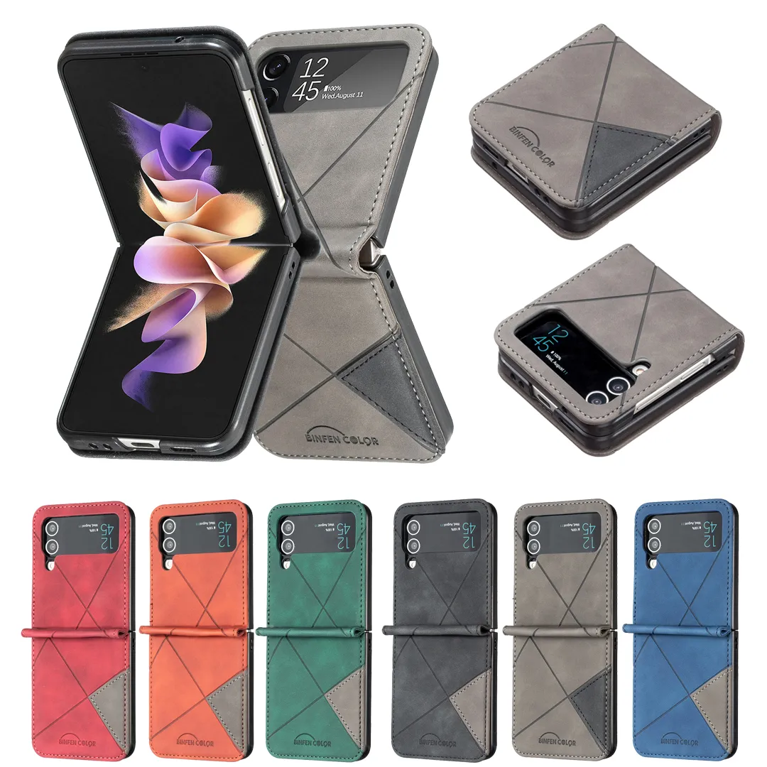 Fundas de teléfono tipo billetera para Samsung Galaxy Z Flip 4/3 Funda de cuero de PU con costura de colores duales