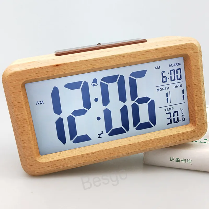 Drewniane cyfrowe budziki lcd inteligentne zegary temperaturowe drewniane nocne światło zegar z drzemką bambusową kalendarz nocny BH7834 TQQ