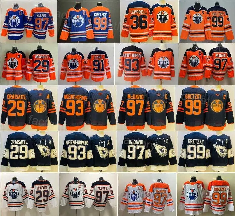 Rétro-monte Retro Edmonton Oilers 97 Connor McDavid Jersey 29 Leon Draisaitl 93 Ryan Nugent-Hopkins 99 Wayne Gretzky Navy Blue Whi