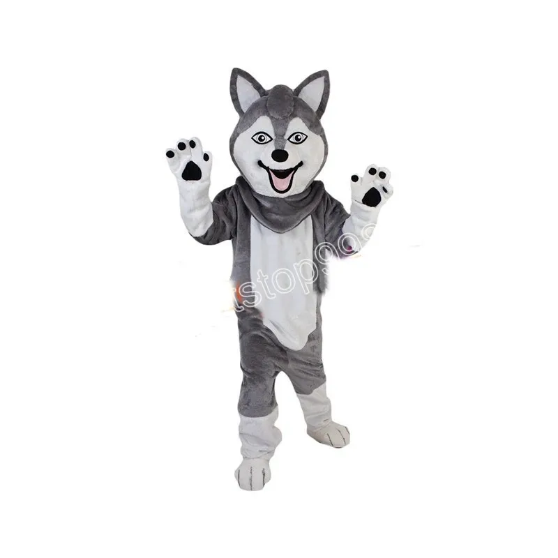 Simulazione del costume della mascotte di Halloween Grey Husky Cartoon Personaggio a tema anime Formato adulto Vestito da pubblicità esterna di Natale per uomo Donna