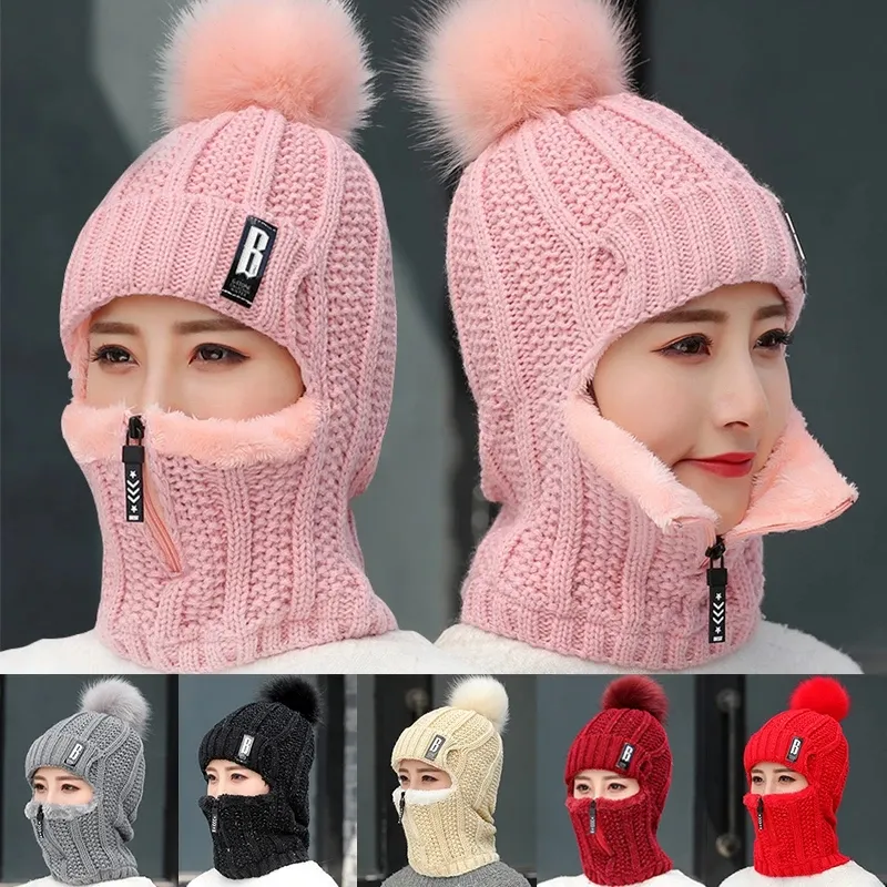 Coral Fleece Women Knitted Hats Add Fur Warm Winter Hat for Women with Zipper Scarf Keep Face Warmer Balaclava Pompoms Cap WLL1791