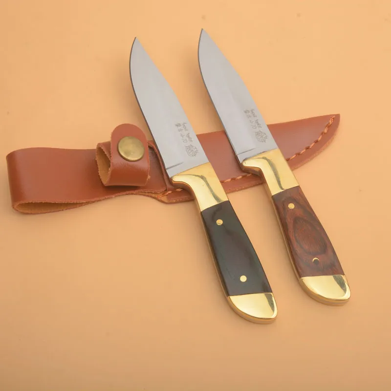 Främjande G1112 Överlevnad Rak kniv 440C Satin Drop Point Blade Full Tang Wood Hande Outdoor Camping Vandring Fiskejakt Knivar med lädermantel