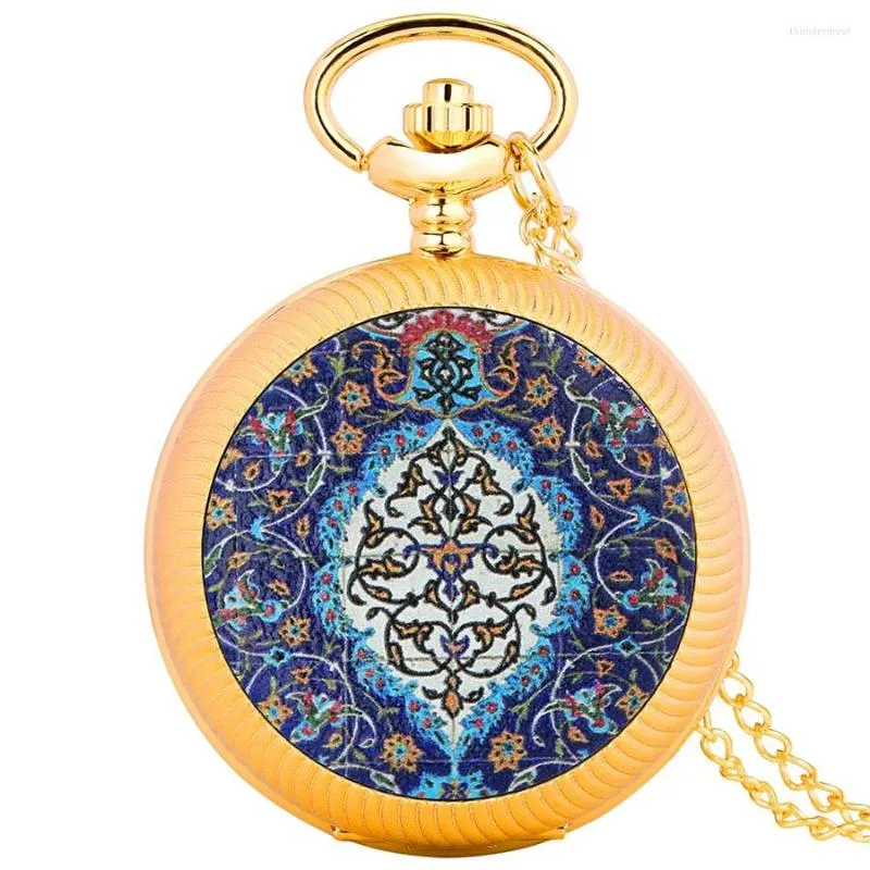 Relógios de bolso Gold Shell Shell Blue Flower Color Design Turnatable Horário de relógio para executar o pingente rotativo de colar de sorte Relógio de jóias de corrente de 80 cm