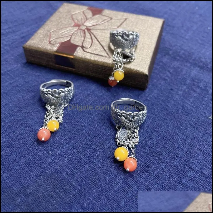 cluster rings retro ethnic 925 silver lotus fish tassel women chinese style beeswax red agate bead adjustable finger ring jewelry