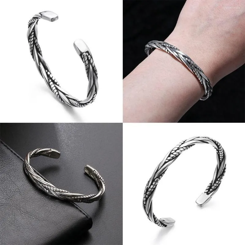 Bangle Thai Handmade Vintage 925 Sterling Silver Men Open Twisted Bracelet