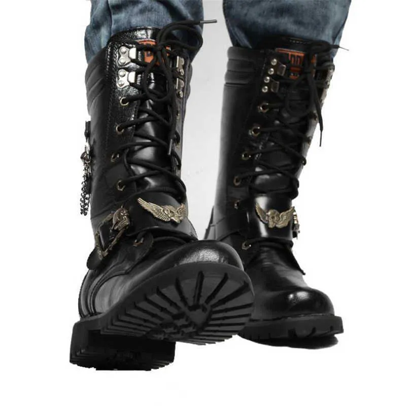 Botas Moda Masculina Motocicleta Cool Skull Combat Exército Punk Goth Motociclista Sapatos de Couro Cano Alto Bota Casual T221101