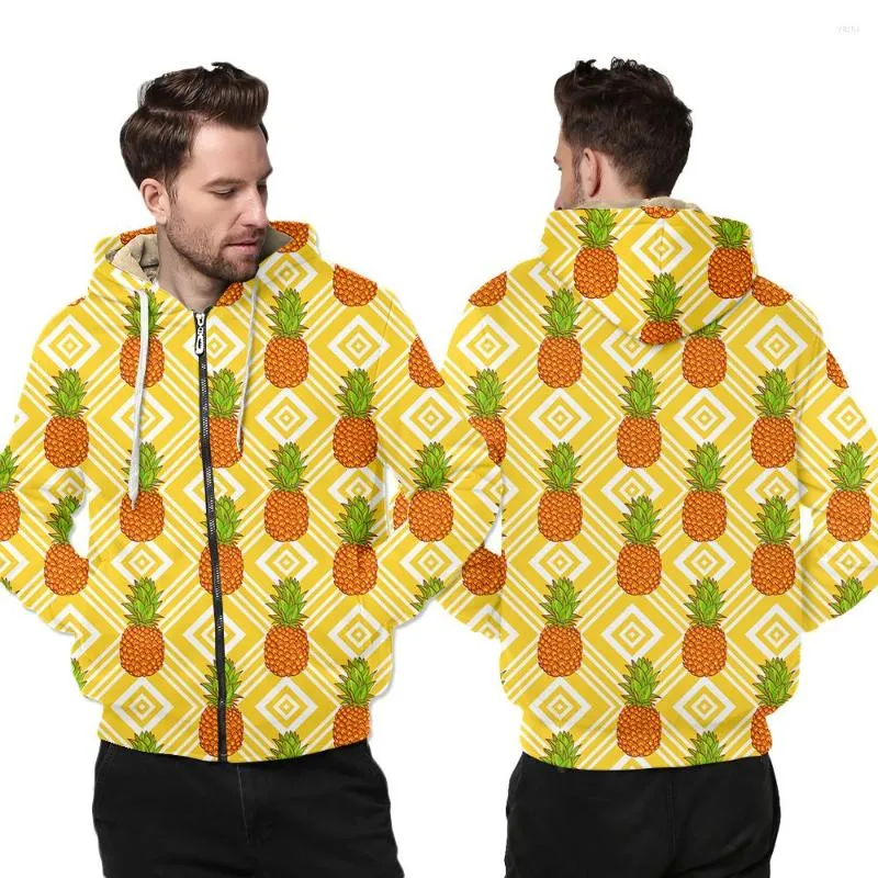 Herrtröjor OGKB män zip up hoodie vinterrock blixtlåsfrukter orange ananas tryck 3d kvinnors avslappnade varma förtjockna tröja