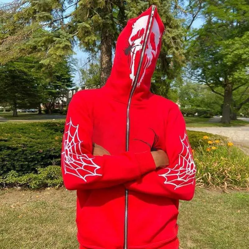Heren Hoodies Sweatshirts Red Volledig Zip Hoodie Sweatshirt Grappige Spider Web Print Hip Hop Aesthetics Y2K O Kleding Hoodie Streetwear Vintage Street Sty 1011H2222