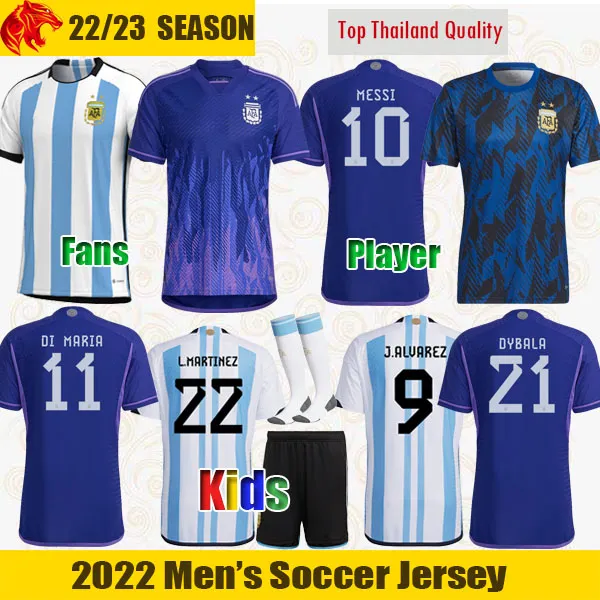22 23 Argentina Soccer Jerseys DYBALA MESSIs 2022 2023 Fans Player Version LAUTARO MARTINEZ DI MARIA Football Shirt MARADONA Womens Mens Jersey Shorts Kids Kit