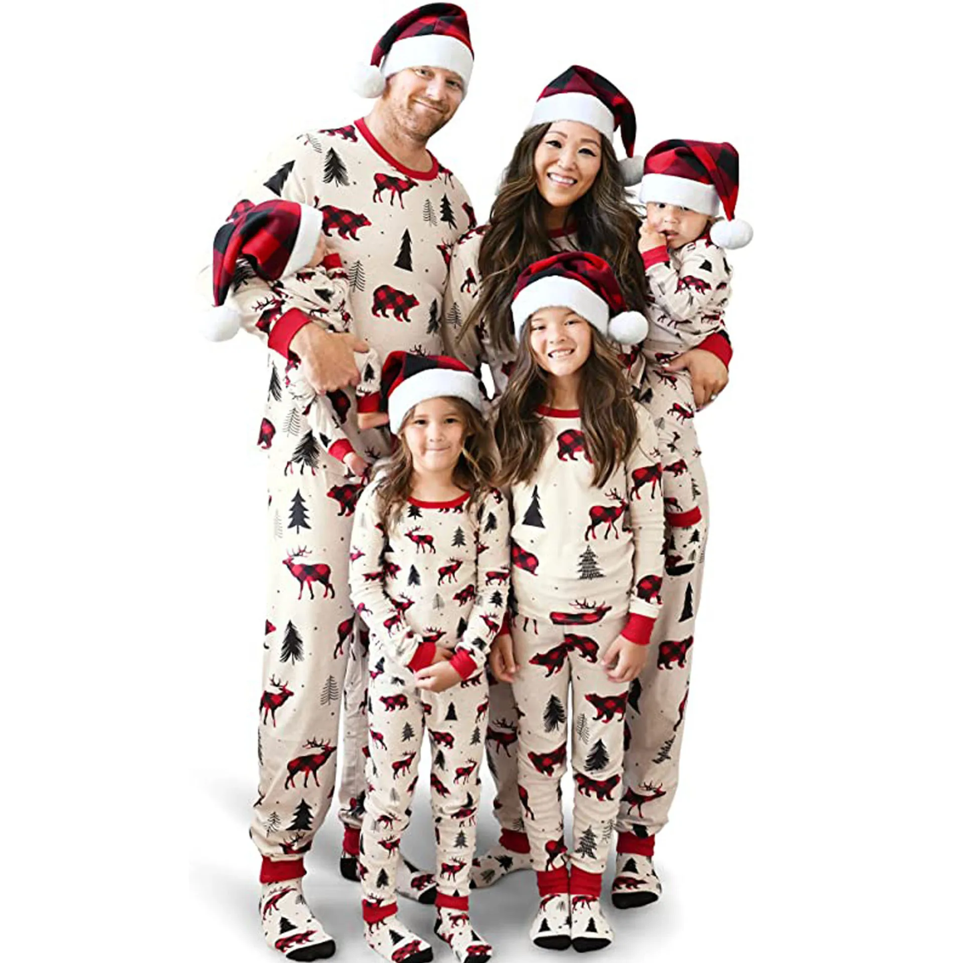 Christmas Pajamas Set Xmas Elk Bear Print Top and Pants Holiday Sleepwear