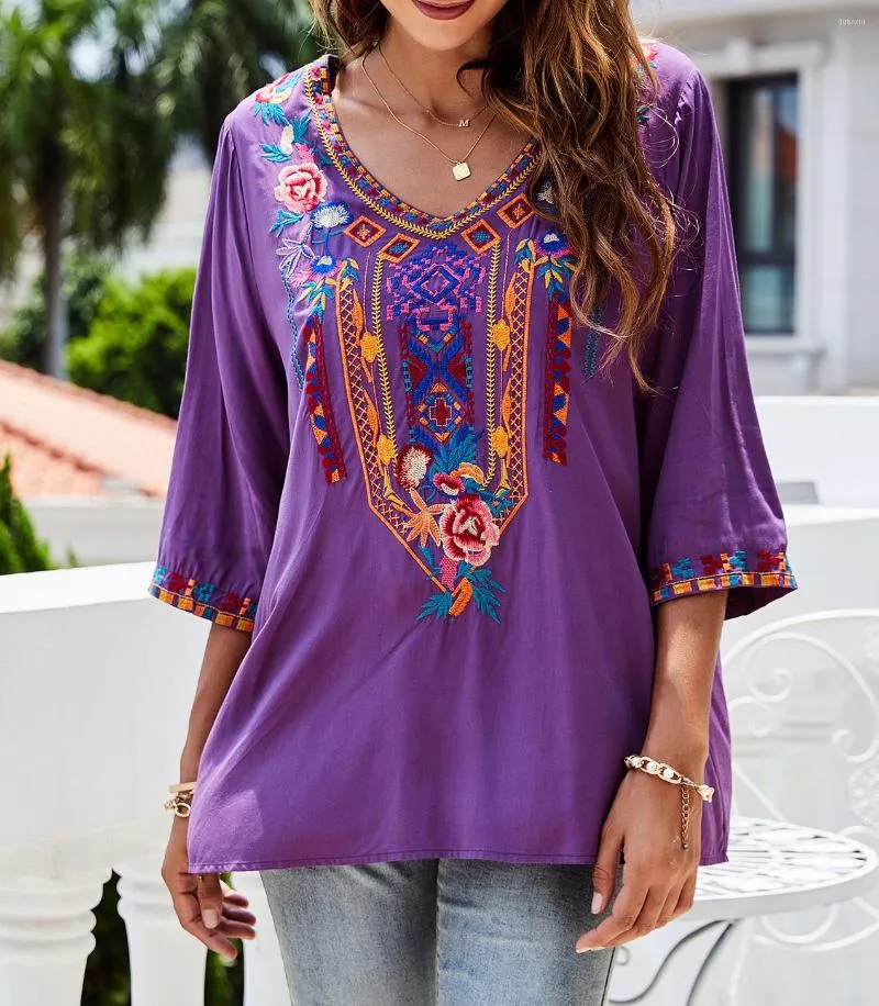 Kvinnors T-skjortor Kvinnor bohemiskt tryck 3/4 ärm blusa skjorta sommar elegant lös v-ringning toppar broderad tryckning casual t-shirt
