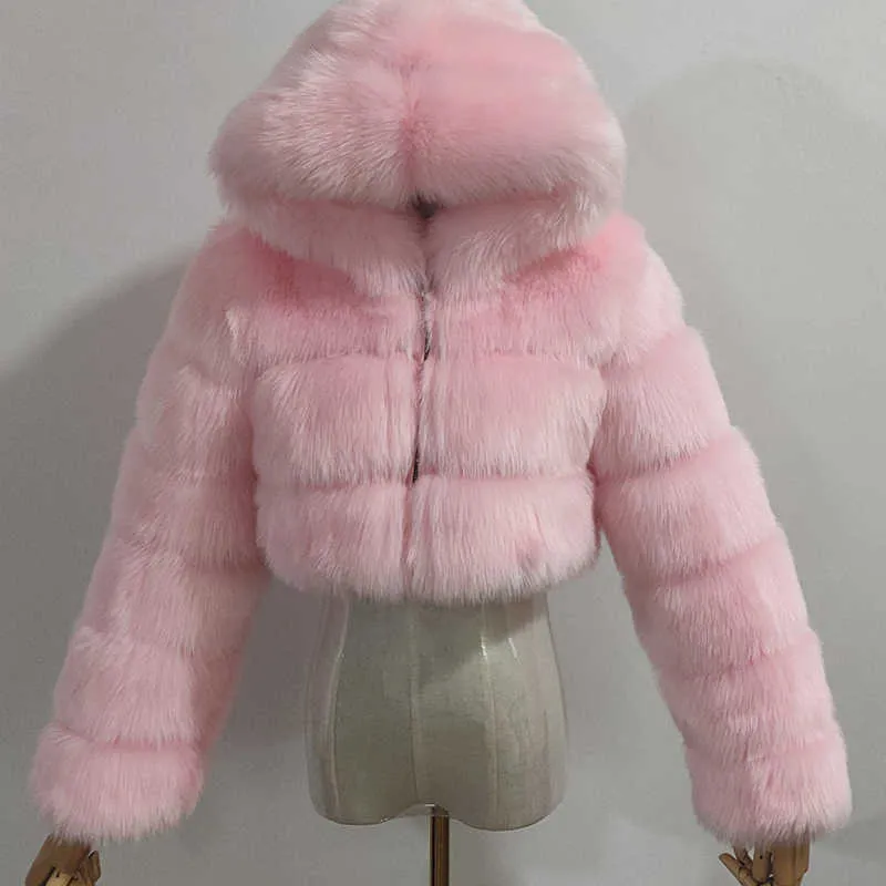 Women's Fur Faux ry Cropped Coats and Jackets Women Fluffy Top Coat With Hooded Winter Jacket Manteau Femme Large Size 7XL 8XL T221102