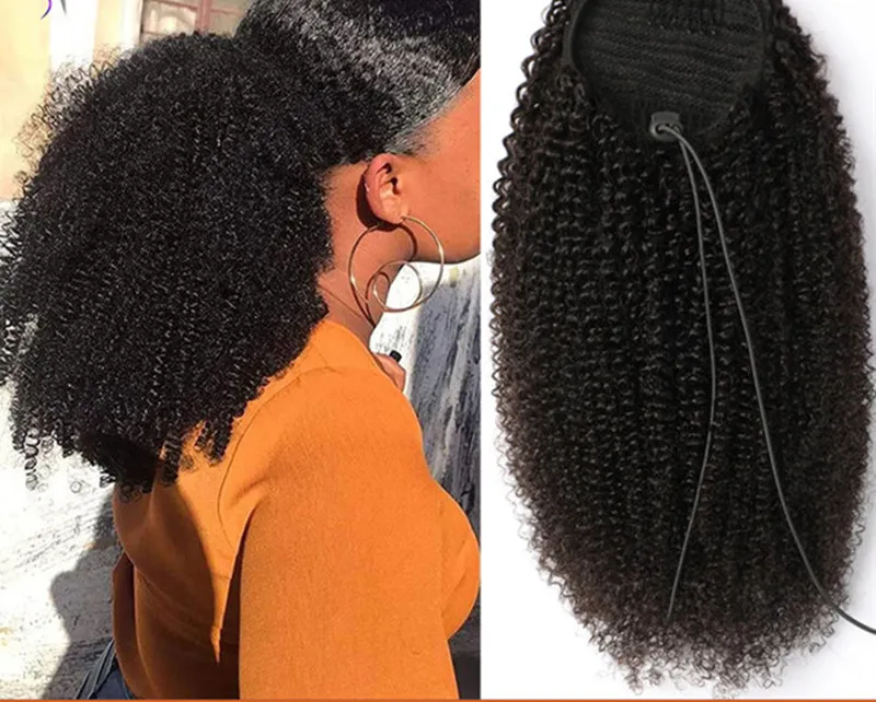 Mogolian Afro Kinky Curly Drawstring Ponytail Human Hair Extensions 4B 4C Remy Long Kinky Straight Clip In horsetail black brown 140g african american full ends