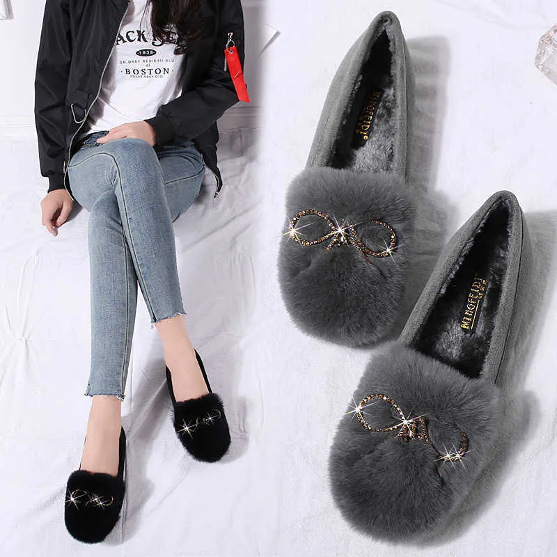 Autres chaussures Véritable lapin fourrure mocassins en peluche femmes appartements grande taille chaussures hiver cristal arc filles mocassin moelleux fourrure coton chaussures pour dame L221020