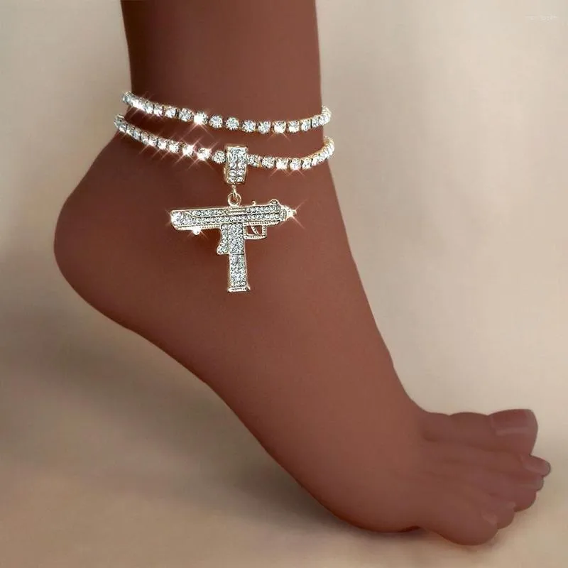 Cavigliere strass di lusso UZI Gun Heart per donna oro argento colore doppio cristallo catena da tennis braccialetto alla caviglia gioielli di moda