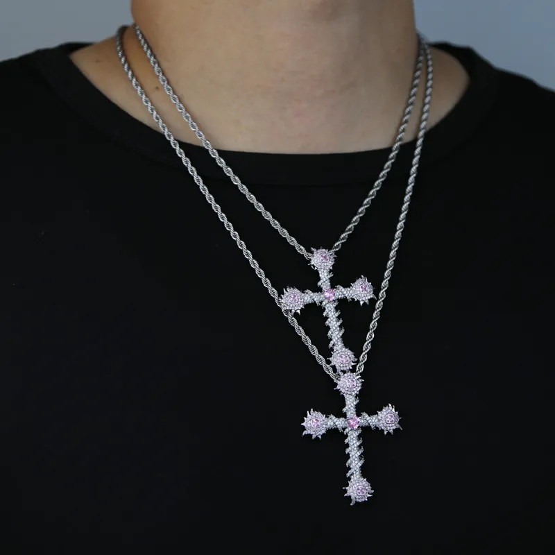 Collier pendentif croix CZ glacé, couleur argent, cœur rose, breloque cubique, Hip Hop, mode religieuse, bijoux pour hommes et femmes