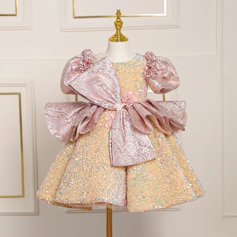 Flower Girls 'Sequin Gold Baby Baby Veet perled fleurs à paillettes Robe Sweep Train Robes Bow Puffy First Communion Robe d'anniversaire de Noël 403