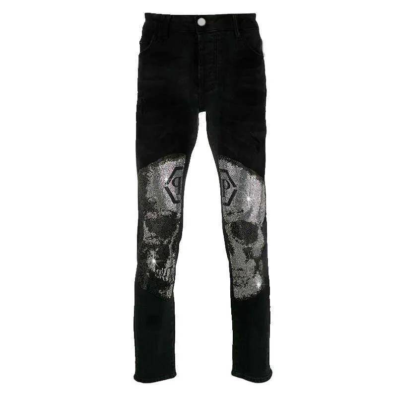 Jeans masculinos Homem Jeans Extadique Black Drill Hot Drill Punk Punk Streetwear Biker Roupas masculinas All Match Slim Fit Denim Pants Y2K T221102