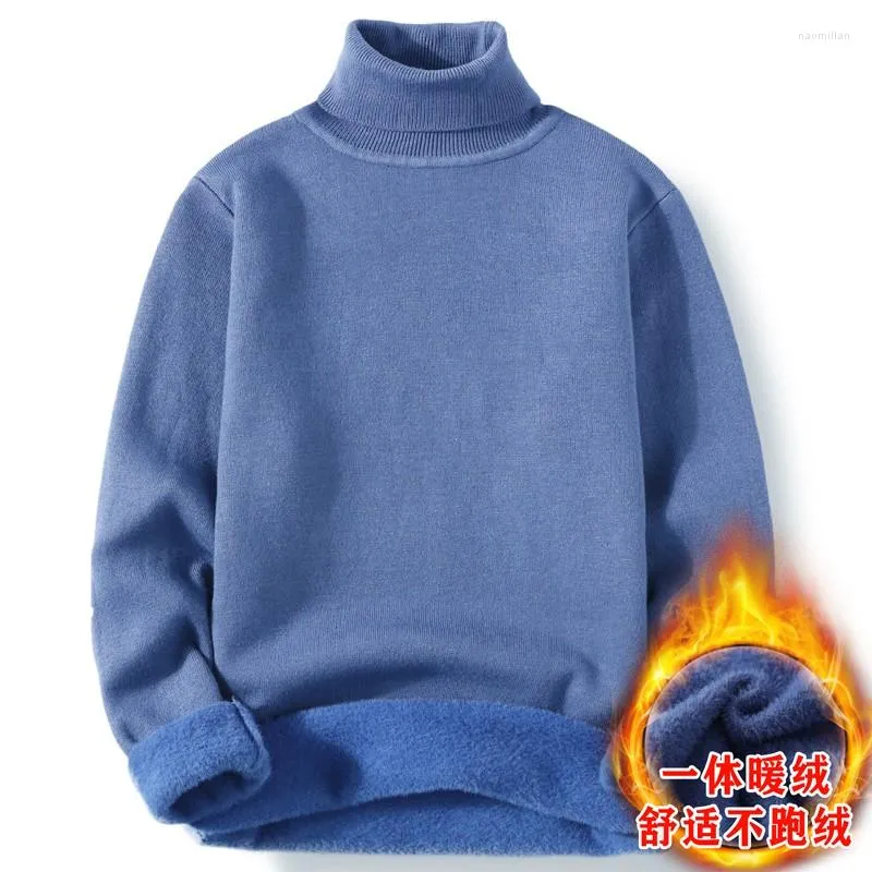 Herrtröjor Autumn Winter Mens Casual Knit Plus Velvet tröja Flanell Pullovers Spandex Turtleneck Male Brand Clothes