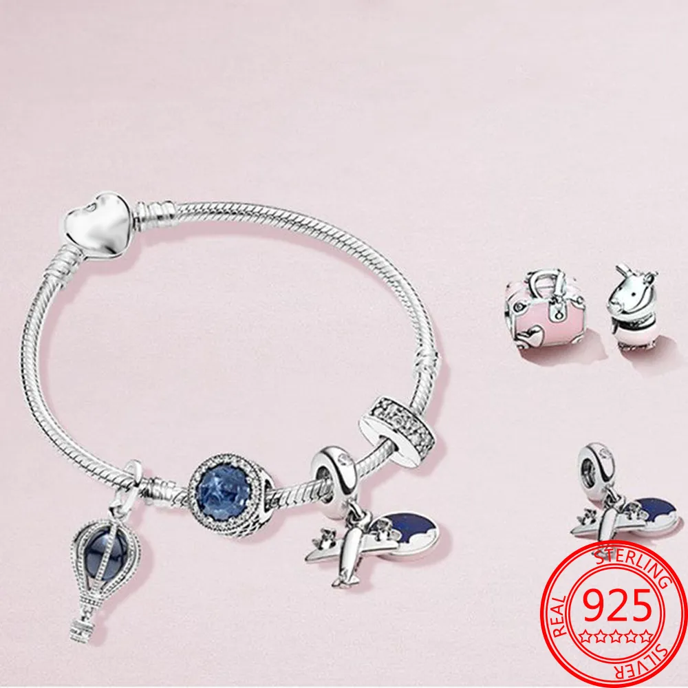 O novo Popular 100925 Sterling Silver Charm Classic Air Balloon Travel Airplane Blue P Bracelet Mulheres Diy Jóias 5715785