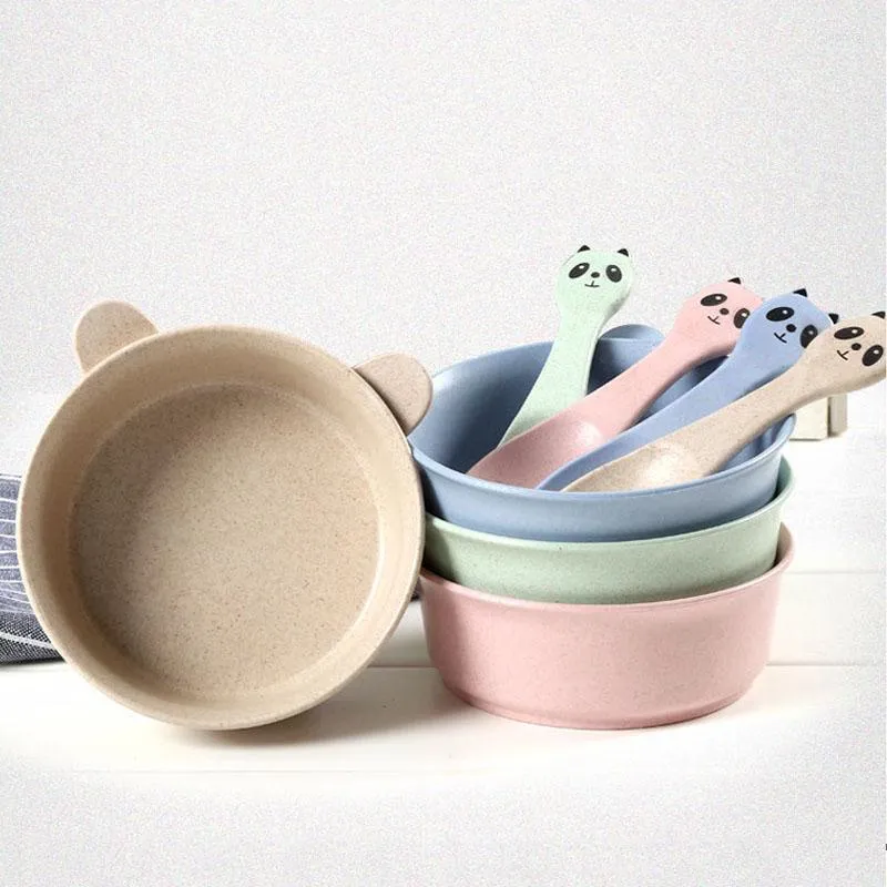 Bowls Baby Feeding Tableware Cartoon Panda Kids Dishes Wheat Straw Eating Dinnerware Set Anti- Training Bowl Spoon