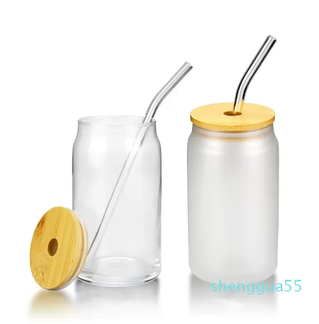 2022 Favor Beer Mugs with Bamboo Lid Straw Tumblers DIY Blanks Frosted Clear Can Shaped Cups Heat Transfer Cocktail Iced Coffee Whiskey