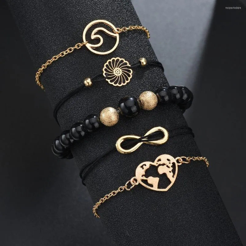 Link Bracelets 5Pcs/set Korean Hollow Flower Heart Bead String Open Adjustable Hand Chain Women's Fashion Bracelet Jewelry Gifts