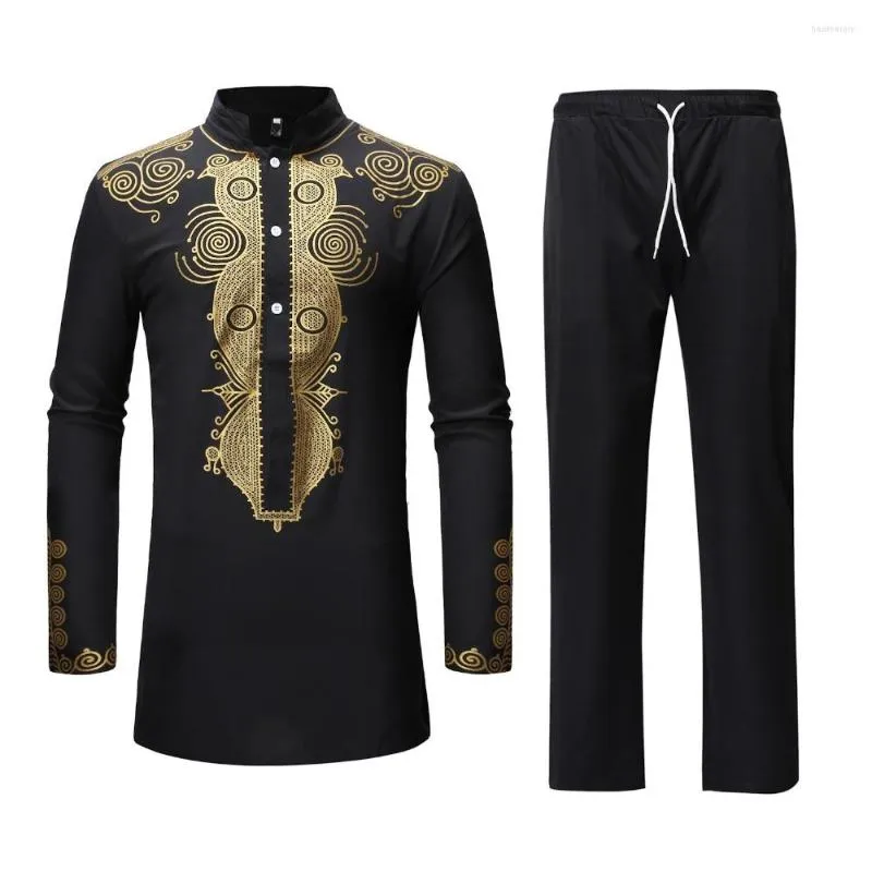 Ethnic Clothing Black African Dashiki Print Top Pant Set 2 Pieces Outfit 2022 Traditional Men Clothes Casual Suit For