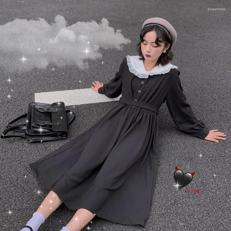 الفساتين غير الرسمية harajuku gothic kawaii سوداء سبحور سوداء نساء لوليتا فتاة نمط الدانتيل طوق خمر ضمادة مطوية long vestidos 2022