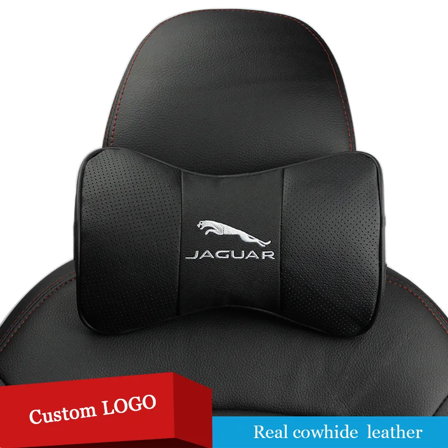 2 PC Coussin de repos de siège de voiture respirant en cuir véritable Appui-tête Oreillers de cou de voiture Logo personnalisé pour Lexus Jaguar Tesla Opel Audi benz