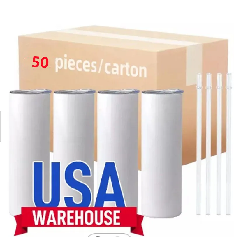 Tazas de sublimación de almacén de EE. UU. Tazas de acero inoxidable de 20 oz Tumblers rectos en blanco con tapas de transferencia de calor y biberones de agua 50 piezas/cartón