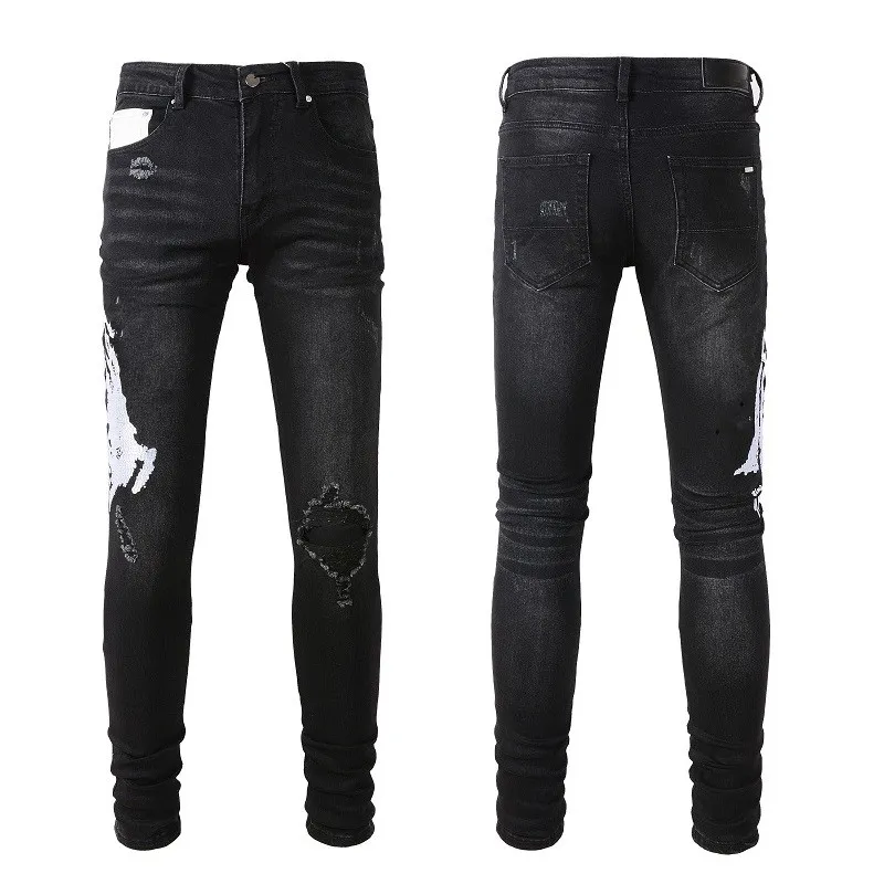 Schwarze Jeans für Herren, Designer-Jeans für Herren, Skinny, Rip, Rock, Denim, Biker, modisch, rote Aufnäher, Totenkopf-Stickerei, Halloween-Hose, gerades Bein, schmale Passform, Reißverschluss, Loch, Hip Hop