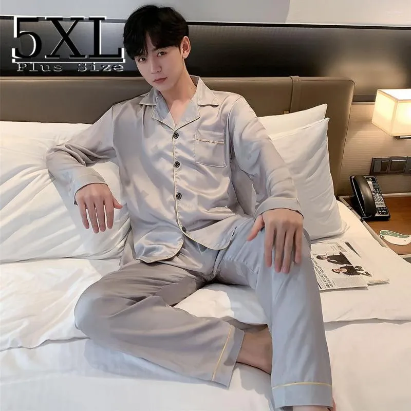 Men's Sleepwear Silk Pajamas Set For Long Sleeve Homewear Smooth Luxury Satin Jacquard Cardigan Large Trouser Suits Mens Lounge Wear