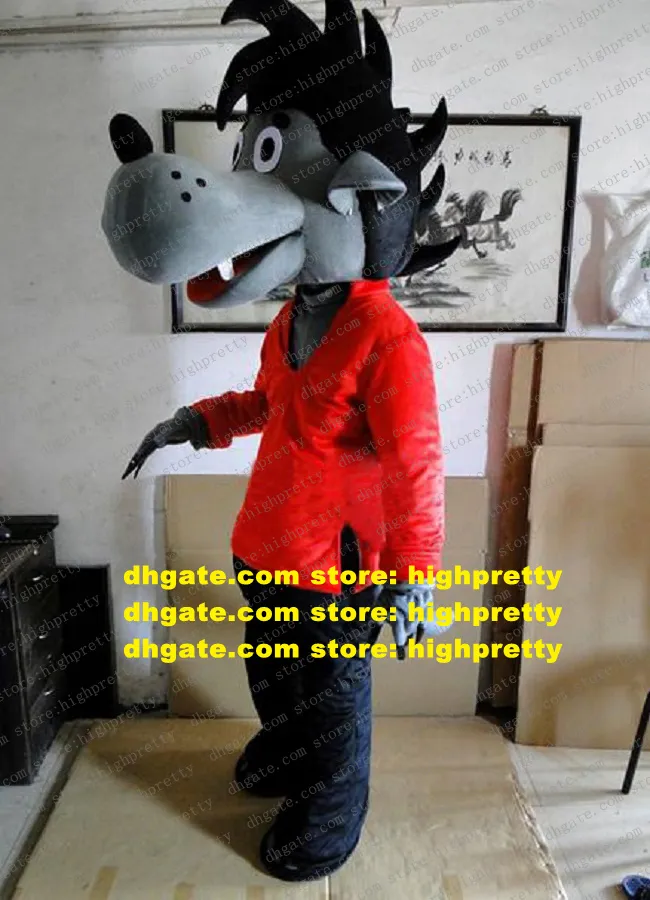 Clever Grey Timber Lupo grigio Coyote Costume mascotte Personaggio dei cartoni animati Mascotte Capelli neri Giacca rossa Naso lungo Bocca grande ZZ1259