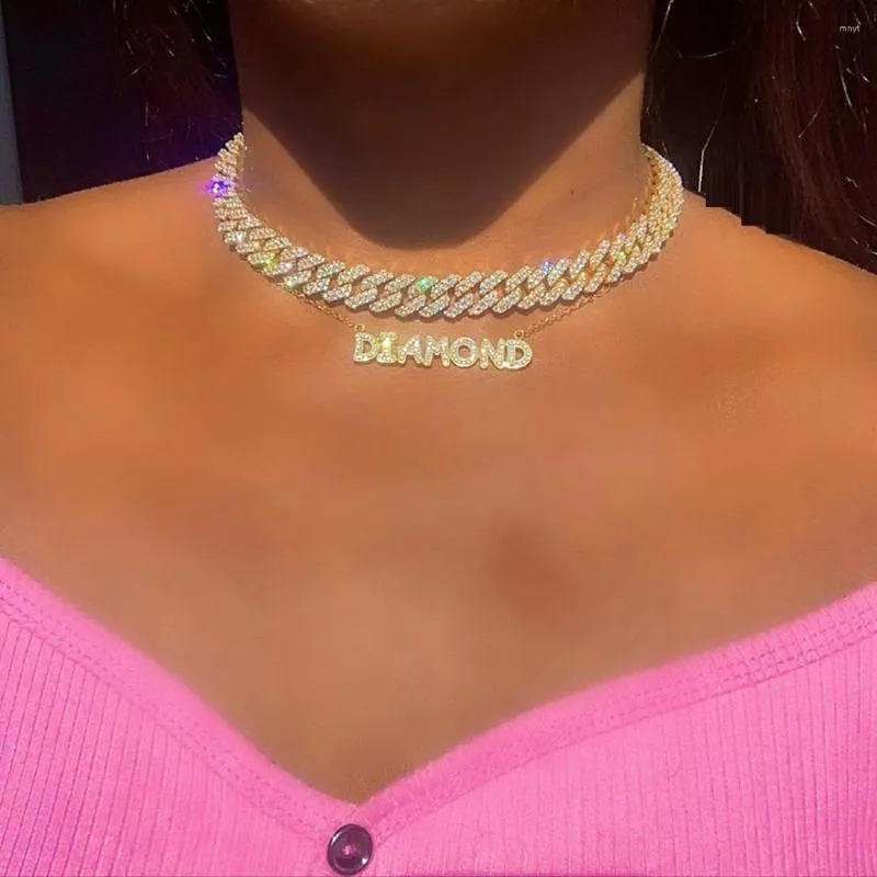 Cadenas Geométricas Miami Cuban Link Cadena Gargantilla Collar para mujeres Iced Out Bling Hip Hop Alta Calidad 15 pulgadas 16 pulgadas