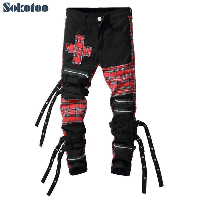 Men's Jeans Sokotoo Men's Scotland plaid tartan patchwork cross slim straight jeans Trendy bandage denim pants Trousers T221102