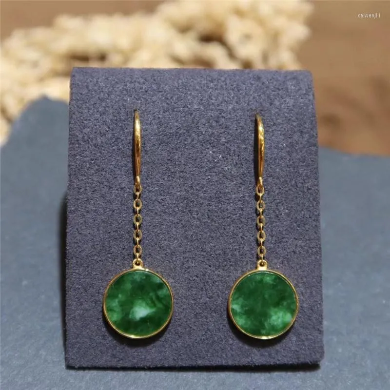 Kolczyki Dangle UNICE VINTAGE 18K ZŁOTA Żółty okrągły Naturalny Zielony Zielony A-Goods Jade Drop Hook dla kobiet Prezentacja Prezent Fine Biżuter