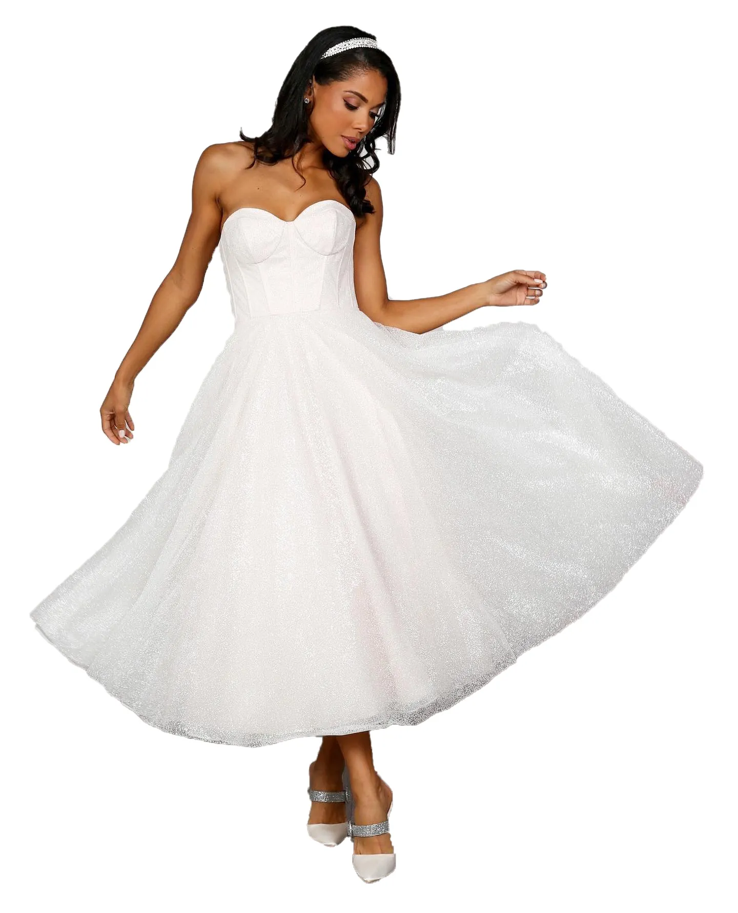 Glitter Tea Length Wedding Dress 2023 Corset Bodice Ivory Bridal