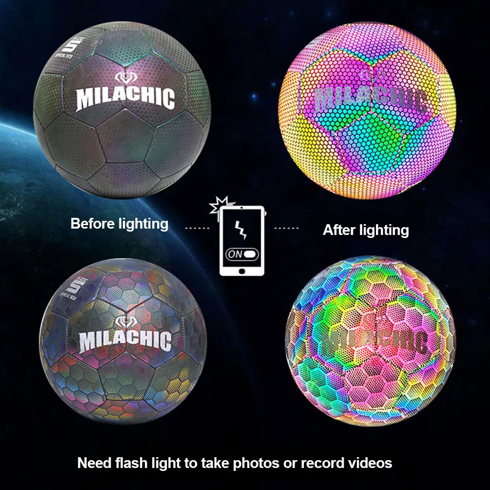 Ballons qui brillent dans le noir Football ballons lumineux holographiques  ballon de football brillant jouets d'extérieur caméra Flash réfléchissant