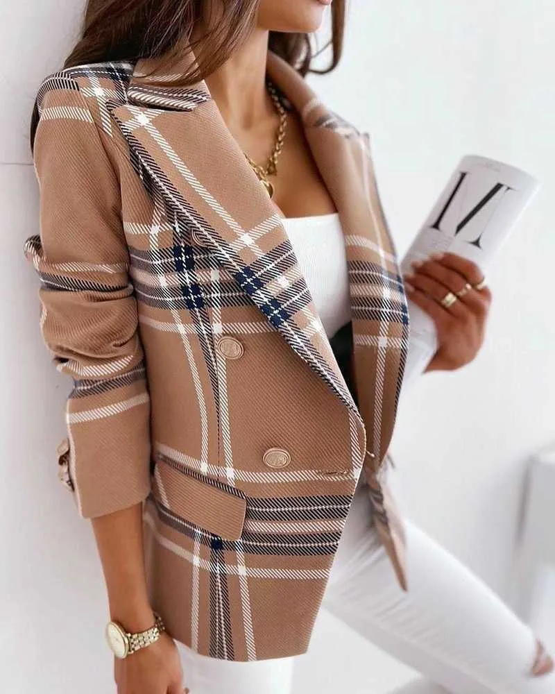 Damespakken Blazers Women Plaid Autumn Winter Blazers Jackets Work Office Lady Suit Slim Business Female Double Breasted Blazer Coat Talever Spring T221027