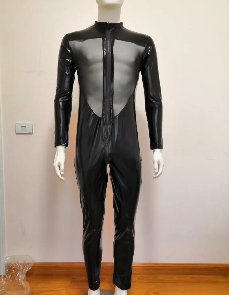 Catsuit Costumes Men Sexy Wetlook Lingerie Latex Catsuit Faux Leather Front  Zipper Open Crotch Bodysuit Fetish Costume Erotic Body Suit