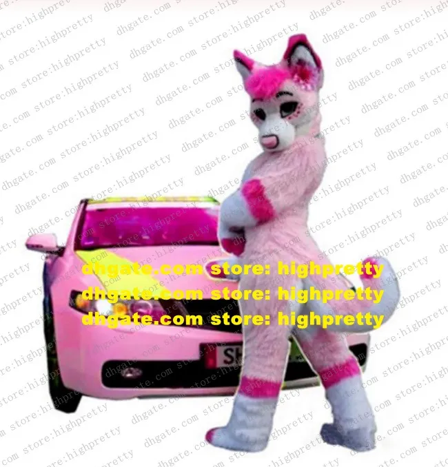 Pembe uzun kürklü tüylü kabuklu köpek maskot kostümü tilki fursuit yetişkin karikatür karakter şirketi etkinlik eğlence parkı zz7681