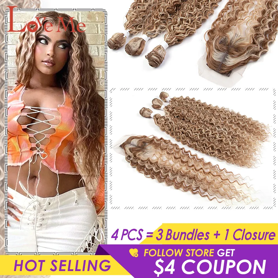 Hair pieces Afro Kinky Curly Red Synthetic 613 Bundles With Closure Brown Water Natural Soft Brazilian Weaving Extension 221103