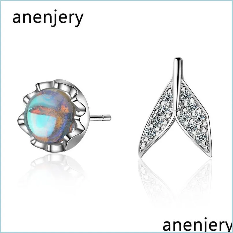 Stud Stud Anenjery Simple Delicate 925 Sterling Sier Asymmetrical Micro Zircon Fish Tailörhängen för kvinnor Gift Oorbellen SE837 DRO DHMS2