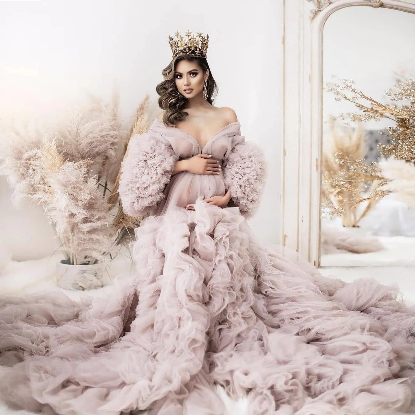 2023 Ruffles Sexy Prom Dresses Tulle Kimono Women Robe for Photoshoot Off  Shoulder Puffy Sleeves Evening Gowns African Cape Cloak Maternity Dress ...