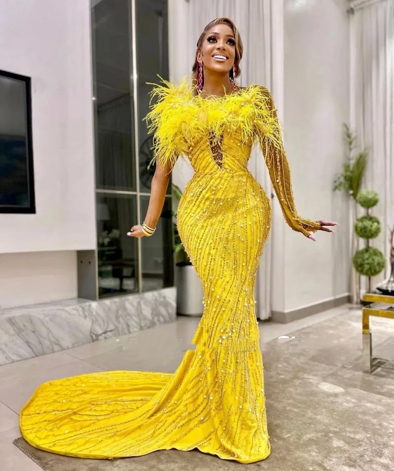 Bright Yellow Ormal Evening Dresses Mor Beading Sheer Neck One Shoulder African Feathers Women Mermaid Prom Gowns Party Dress 322