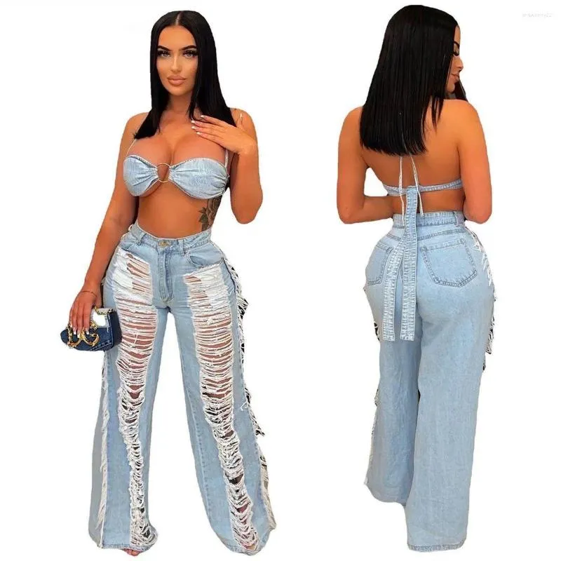 Kvinnors tvåbitar byxor Sexig Bra Tassel Club Outfits Women Denim 2 Set Summer Bandage Halter Crop Top och Wide Leg Long Jeans Clubwear