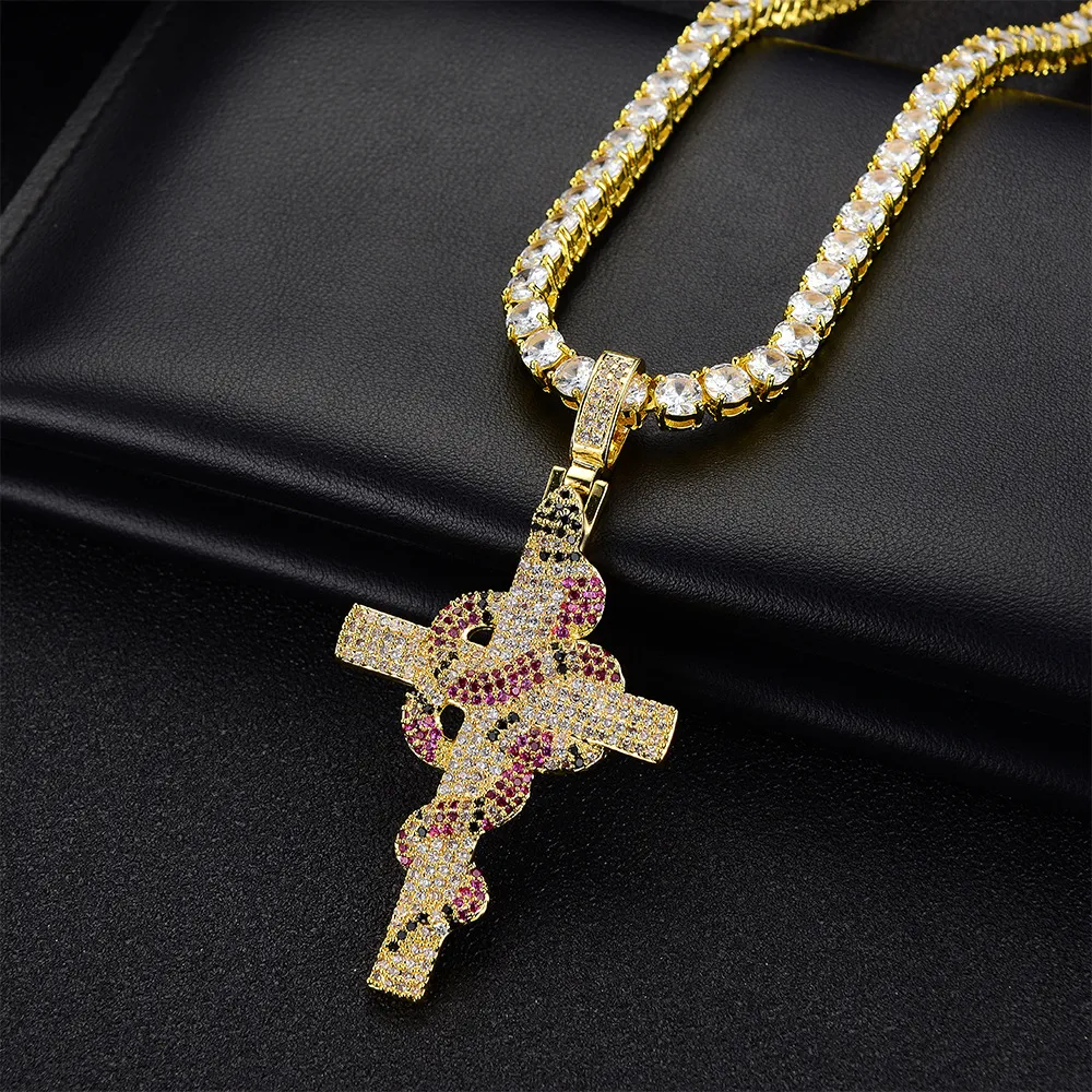 Cross Red New Snake Cuban Pendant Necklace Iced Out Cutic Zirconia Cz Stone Bling Hip Hop New Personalized Rapper Jewelry Gifts for Men and Women Night Club Mijoux