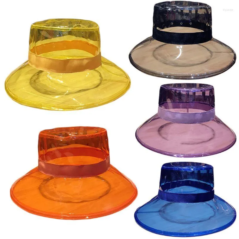 Berets Women Men Summer PVC Transparent Bucket Hat Bright Jelly Solid Color Wide Brim Breathable Waterproof Fisherman Rain